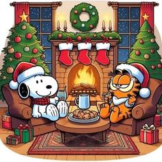 two cartoon dogs sitting on couches in front of a fire place with christmas decorations