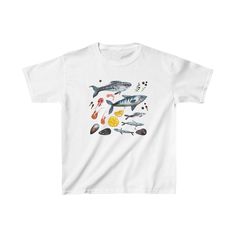 Description: Watercolor Fish, lemon and olives, y2k Baby 90s Tee Shirt, Lightweight Soft Cotton Shirt, Sustainably made  Made with 100%, midweight (5.3 oz/yd² (180 g/m US cotton that feels soft to the touch and a great choice for any season. Made using ethically grown and harvested US cotton. Gildan is also a proud member of the US Cotton Trust Protocol ensuring ethical and sustainable means of production. This blank tee is certified by Oeko-Tex for safety and quality assurance. ✩ CARE & MAINTENANCE ✩ To ensure the longevity of your women's baby tee, we recommend washing in cold water with similar colors. Tumble dry low and iron on a low setting if needed. Avoid ironing directly on prints and enjoy lasting quality. Shipping Times: 1-2 production days (business days) 4-8 shipping days (busi White Cotton Shirt With Fish Print, White Casual Shirt With Fish Print, Casual White Fish Print Top, White Tops For Ocean Activities In Summer, White Cotton Top With Fish Print, White Cotton Tops With Fish Print, White Cotton T-shirt With Fish Print, Watercolor Fish, 90s Tees