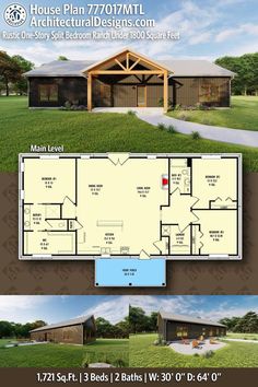 the floor plan for this ranch style home is shown in two different colors and sizes