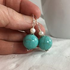 Turquoise Pearl Dangle Earrings, Turquoise Round Beads Earrings For Gift, Handmade Turquoise Dangle Pearl Earrings, Turquoise Pearl Earrings, Grey Pearl Necklace, Blue Howlite, Pink Pearl Necklace, Turquoise And Coral, Earrings Big