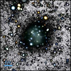 an image of a black hole in the sky with many small objects around it,