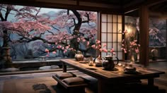 Japan Garden Design, Cherry Blossom Landscape, Chinese Style Interior, Chinese Room, Japanese Living Room, Japanese Home Design, Zen House