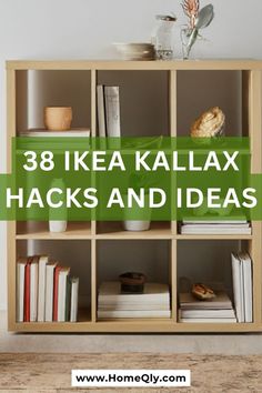 a book shelf with books on it and the words 38 ikea kallax hacks and ideas