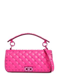 Height: 11cm Width: 24cm Depth: 7cm. Studded leather strap. Metal chain top handle. Front flap with turn-lock closure. All over studded details. Tonal metal hardware Pink Shoulder Bags, Chain Top, Valentino Rockstud, Studded Leather, Quilted Leather, Metal Hardware, Pink Leather, White Bag, Pink Bag