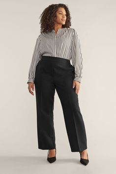 Introducing true comfort. Made from a soft woven fabric, these trousers feature a wide leg design, an elasticated waistband and two functioning pockets. Pair with a blouse and heels to take this outfit from desk to dinner. High Waisted Trousers Plus Size, Black Ground, Denim Essentials, Black Wide Leg Trousers, Formal Trousers, Curve Fashion, Wide Trousers, Beachwear Skirt, Denim Coat Jacket