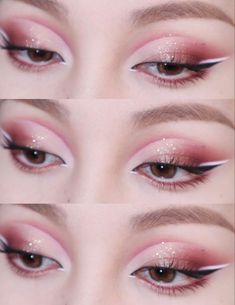 Pretty Pink Makeup Looks, Pink Gem Eye Makeup, White And Pink Eyeliner, Make Up Pink Natural, Pink Valentine’s Day Makeup, Pink Makeup For Prom, Hooded Eyeshadow Looks, Makeup Art Simple, Pink And White Eyeshadow