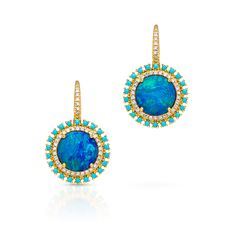 Earrings measures approximately 1/2" in diameter. Please note that our colors may vary slightly due to the nature of one-of-a-kind opal gemstones. SKU ASEY4741 Carat Weight .17ct Diamond || .40ct Turquoise || 2.35ct Opal Metal Type 14KT Yellow Gold Number of Stones 74 Diamonds || 44 Turquoises || 2 Opals Primary Stone Opal Metal Weight 4.40g Turquoise Diamond Earrings, Mens Diamond Jewelry, Turquoise Stone Jewelry, Accessorize Jewellery, Diamond Huggies, Luxury Earrings, Gold Number, Jewelry Accessories Ideas, Opal Earrings