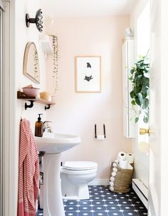 a white toilet sitting next to a sink in a bathroom under a mirror and potted plant