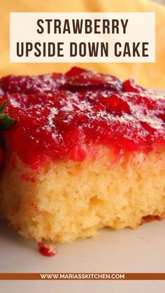 a piece of strawberry upside down cake on a plate