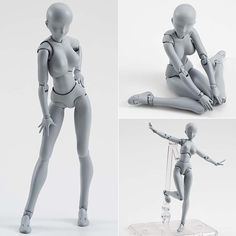 four different poses of a female figure in various positions, including the body and head