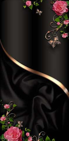 a black background with pink roses and gold trim on the bottom right corner is shown