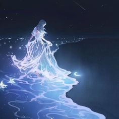 a woman is standing in the water at night with stars and moon above her head