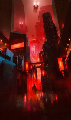 a man walking down a street next to tall buildings in the rain with red lights