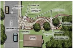 an aerial view of a parking lot with several different areas labeled in the diagram below