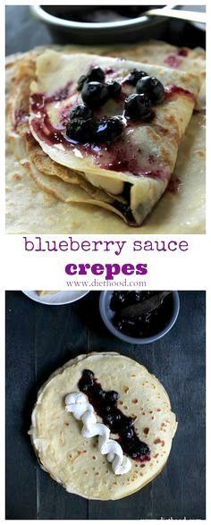 blueberry sauce and crepes are shown in this collage with the recipe