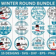 winter round bundle with snowflakes, hats and other holiday decoration items on it