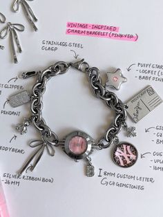 Sweet as can be ౨ৎ Introducing the 'ON THE WAY' charm bracelet - featuring the most precious pendants paired alongside a soft pink watch face, this accessory is bound to become a treasured piece in your jewelry collection. Trust us, compliments are waiting... ♡ Made with stainless steel chain, cubic zirconia and stainl Pink Watch Face, Watches Aesthetic, Aesthetic Watches, Watch Charms, Mixed Jewelry, Closet Wall, Watch Diy, Pink Watch