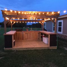 an outdoor bbq with lights on the roof and grilling area in the back yard