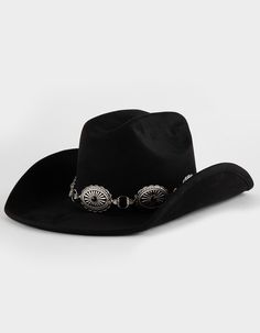 Boho Cowboy Hat. Intricate Metal Accents Around The Crown. Approximately 4" Brim That Curves Up At The Sides. Approximate Crown Height: 6". 100% Polyester. Imported. Boho Cowgirl Hat, Black Cowgirl Hat, Pink Cowboy Hat, Black Cowboy Hat, Black Cowgirl, Country Hats, Flannel Sweatshirt, Boho Cowgirl, Lug Sole Boots