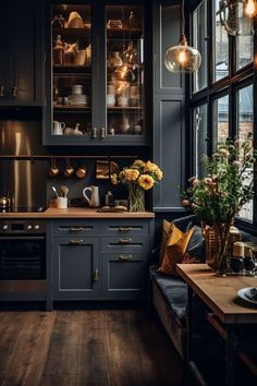 Grey Soapstone Countertops Kitchen, Modern Craftsman Kitchen, Dark Academia Kitchen, Kitchen Witches, Moody Farmhouse, 40 Aesthetic, Moody Kitchen, Rustic Kitchens, Craftsman Kitchen