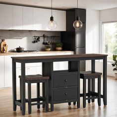 a kitchen island with two stools in front of it