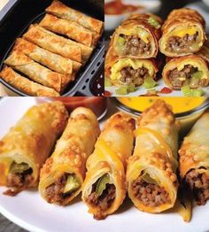 several different types of food on a white plate and in a black tray, including burritos