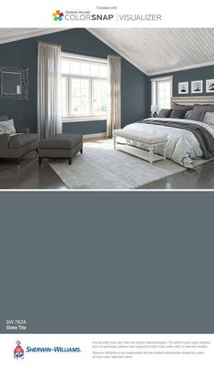 an image of a bedroom with blue walls and white carpeted flooring in the room