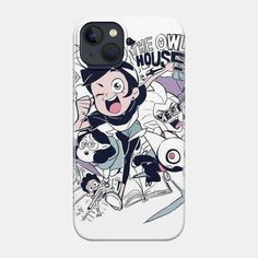 an iphone case with cartoon characters on the front and back cover, in black and white