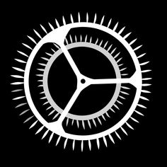 a black and white image of a clock with spikes on it's face, against a dark background