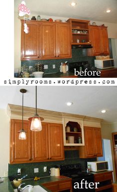 before and after photos of kitchen cabinets with light bulbs on the ceiling, and in between