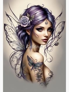 a beautiful woman with purple hair and tattoos on her chest, holding a butterfly in her hand