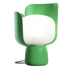 a green table lamp with a white light on the top and bottom part of it