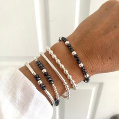 "\"Introducing our Sterling Silver Blue Crystal Bracelet Set--a chic jewelry gift for Mom, a stylish silver girlfriend gift, and a perfect stacked bracelet for the festive season. This Christmas, gift her elegance with our versatile and charming jewelry set.\" ⭐️YOU CAN ORDER ONE BY ONE OR IN SETS  KEY FEATURES :  * Navy Crystal (4mm )  * Highest-quality Sterling Silver   * 3mm,4mm,5mm  Beads   * Sterling silver Tubes   * Durable 1mm stretchy cord   * All  items feature a gift box and cleaning c 4mm Crystal Bracelet, Chistmas Gift, Blue Crystal Bracelet, Bracelet Inspo, Bracelet Set Silver, Blue Beaded Bracelets, Stacked Jewelry, Christmas Gift Jewelry, Chic Jewelry