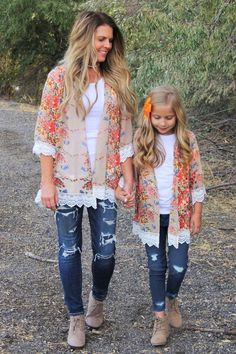 Mom & Me - Tan Floral Lace Kimonos - Sparkle in Pink Sparkle In Pink, Cheap Kids Clothes, Lace Kimono, Mommy And Me Outfits, Floral Cardigan, Floral Kimono, Mom Kid, Cheap Clothes, Sleeve Designs