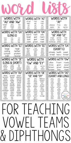 word lists for teaching voel teams and phonics with the words in pink