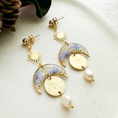 Resin Earrings With Flowers, Sun and Moon Earrings, Pendant Pearl Earrings, Women's Gold Earrings, Earrings With Real Flowers - Etsy Sun And Moon Earrings, Earrings Pendant, Resin Earrings, Moon Earrings, Sun And Moon, Real Flowers, Gold Earrings, Dangle Drop Earrings, Pearl Earrings