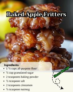 a stack of baked apple fritters sitting on top of a white plate