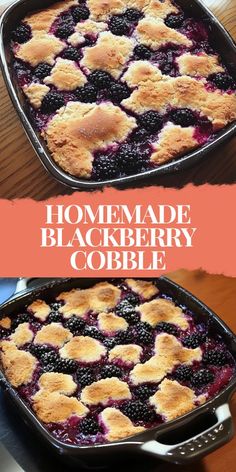 homemade blackberry cobble in a cast iron skillet on a wooden table with text overlay