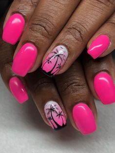 Perfect Palm Tree Coffin Nail Ideas In Hot Summer, Palm Tree Nails, Coffin Nails, Acrylic nails, Summer Nails, Coffin Nail Ideas, Pink Summer Nails, Palm Tree Nails, Beach Nail Designs, Summer Nails Beach, Tree Nails, Hot Pink Nails, Vacation Nails