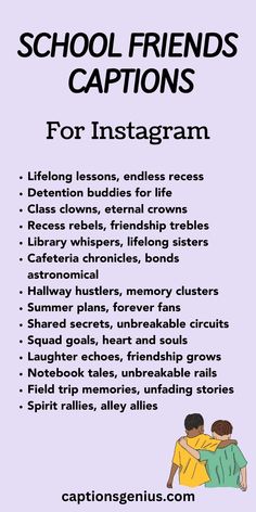 an info sheet with the words school friends captions for instagramm on it