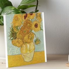 a painting of sunflowers in a vase on a table