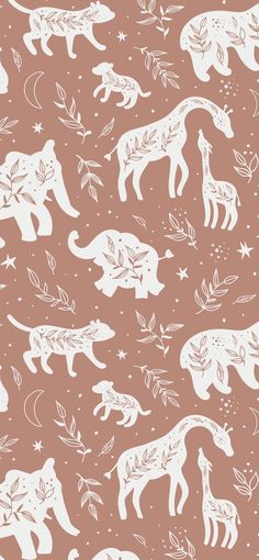 an elephant and giraffes are depicted in this hand drawn pattern on a pink background