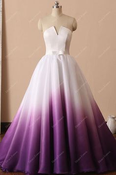 Component of white satin and white to purple ombre organza, featuring a strapless V-cut bodice with lace-up back and ball gown skirt , it couldn't be more gorgeous than this fancy formal dress. #weddingdress #bridaldress #designerweddingdress #springweddingdress #fallweddingdress #autumnweddingdress #winterweddingdress #summerweddingdress #beachweddingdress #destinationweddingdress Purple Wedding Gown, Sleeve Wedding Dress Lace, Fancy Prom Dresses, Dye Wedding Dress, Ombre Wedding Dress, Ombre Gown, Purple Wedding Dress, Violet Pastel, Ombre Prom Dresses