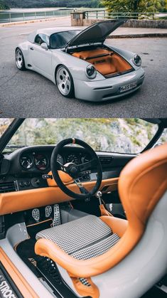 an orange and white sports car with the hood open in two different photos, one is showing