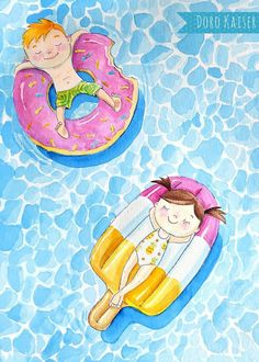 two children floating on inflatable donuts and swimming pool floats, with the words doro kaiserer above them