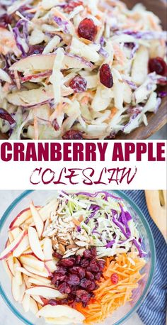 cranberry apple coleslaw salad in a glass bowl