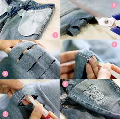 how to sew an old pair of jeans with scissors and fabric tape step by step