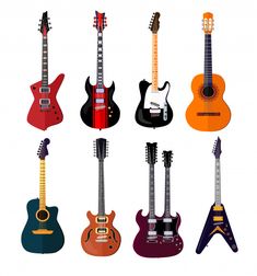 an assortment of guitars in different colors