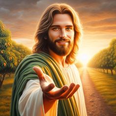 jesus holding out his hand in the middle of a field with trees and oranges