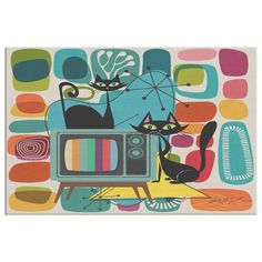 Kate McEnroe New York Mid Century Atomic Cat Retro TV Canvas Wall ArtCanvas Wall Art139004 Mid Century Fireplace, Mid Century Painting, Mid Century Modern Artwork, Atomic Cat, Modern Palette, Retro Artwork, Mid Century Illustration, Television Set, Mid Century Modern Patterns